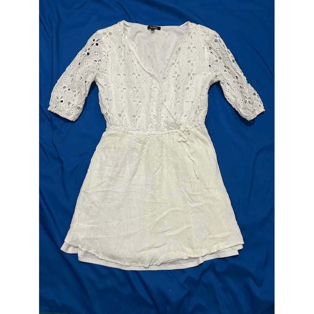 White Eyelet Womens XL Lace Crinkle Mini Dress 3/4 Sleeve Bridal Romantic